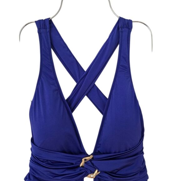 Trina Turk swimsuit size 10 Plunging neckline Blue Island Beach Resort Vacation - Picture 4 of 9